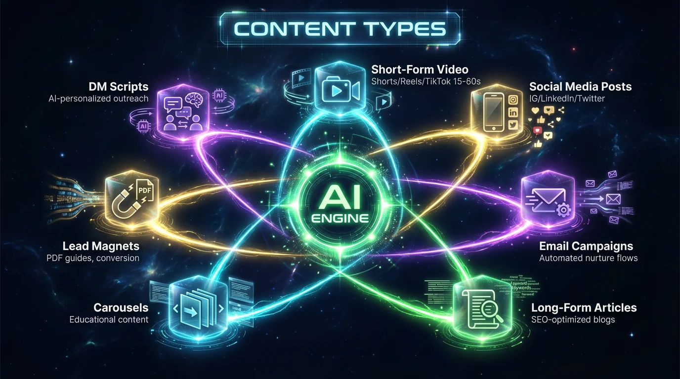 Content Types — 7 AI-Powered Production Formats: Short-Form Video, Social Media Posts, Email Campaigns, Long-Form Articles, Carousels, Lead Magnets, DM Scripts