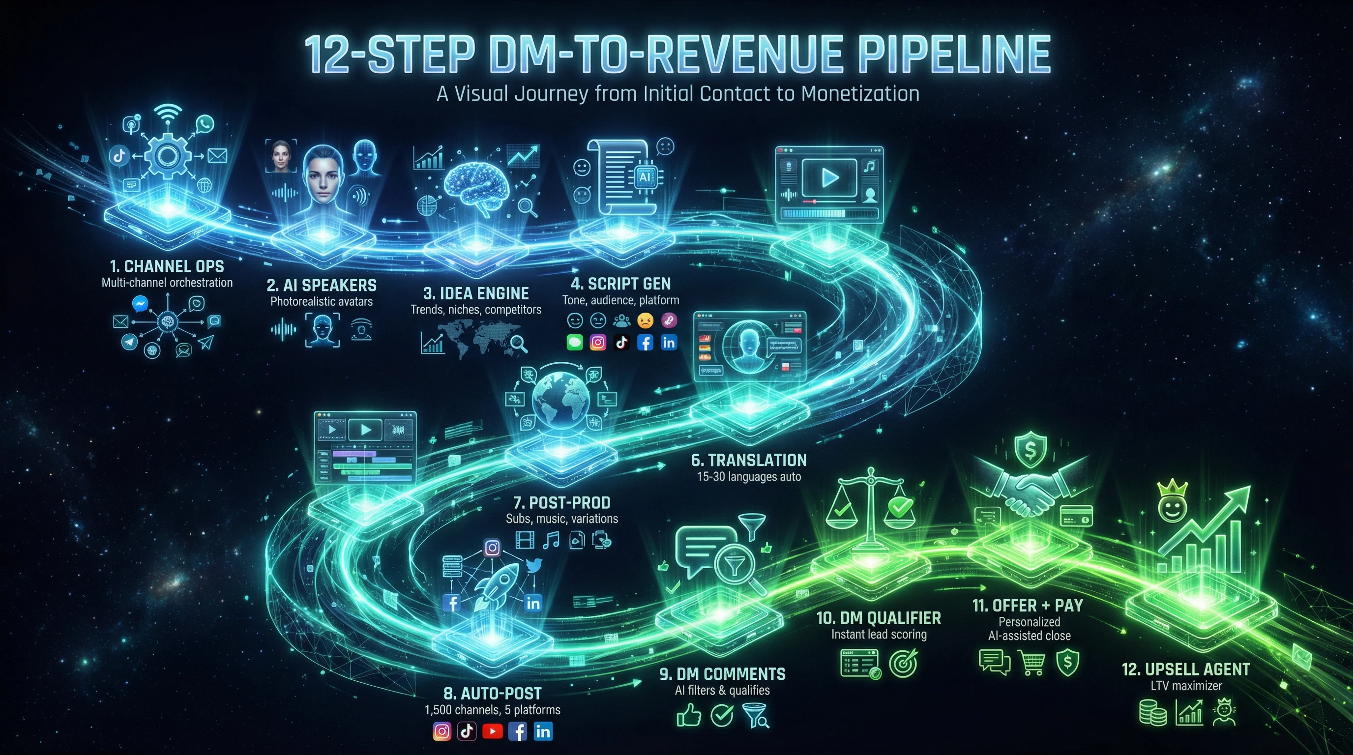 12-Step DM-to-Revenue Pipeline — A Visual Journey from Initial Contact to Monetization