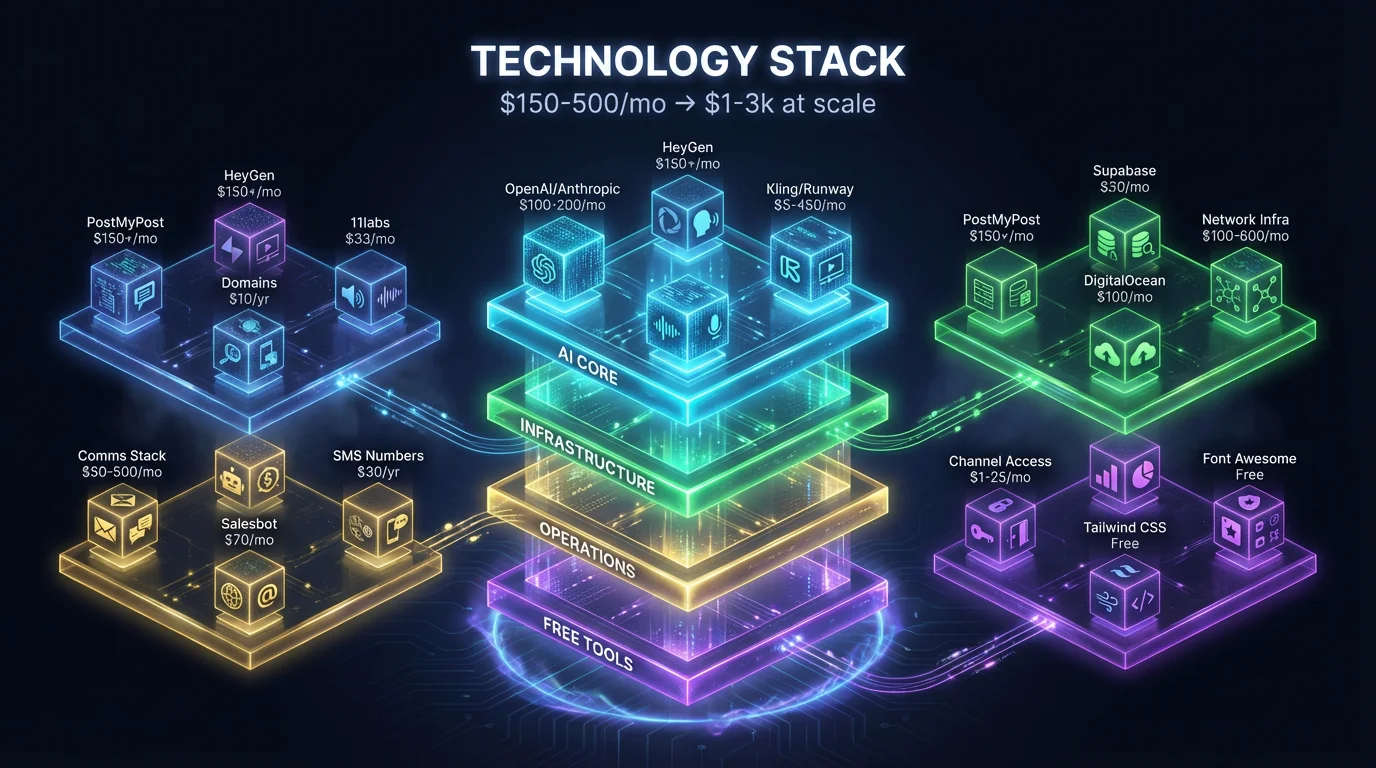Technology Stack — Isometric 3D: AI Core (OpenAI, HeyGen, Kling, 11labs), Infrastructure (PostMyPost, Supabase, DigitalOcean), Operations (Comms, Salesbot, Domains, SMS), Free Tools (Chart.js, Tailwind, Font Awesome)
